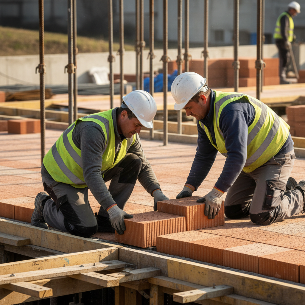Dwóch budowlańców w kaskach układa ostatnie pustaki ceramiczne na stropie Fert. Jeden z nich klęczy, dopasowując element, drugi stoi i podaje mu kolejne. W tle widać przygotowane podpory montażowe. Scena jest realistyczna i podkreśla aspekt pracy zespołowej.