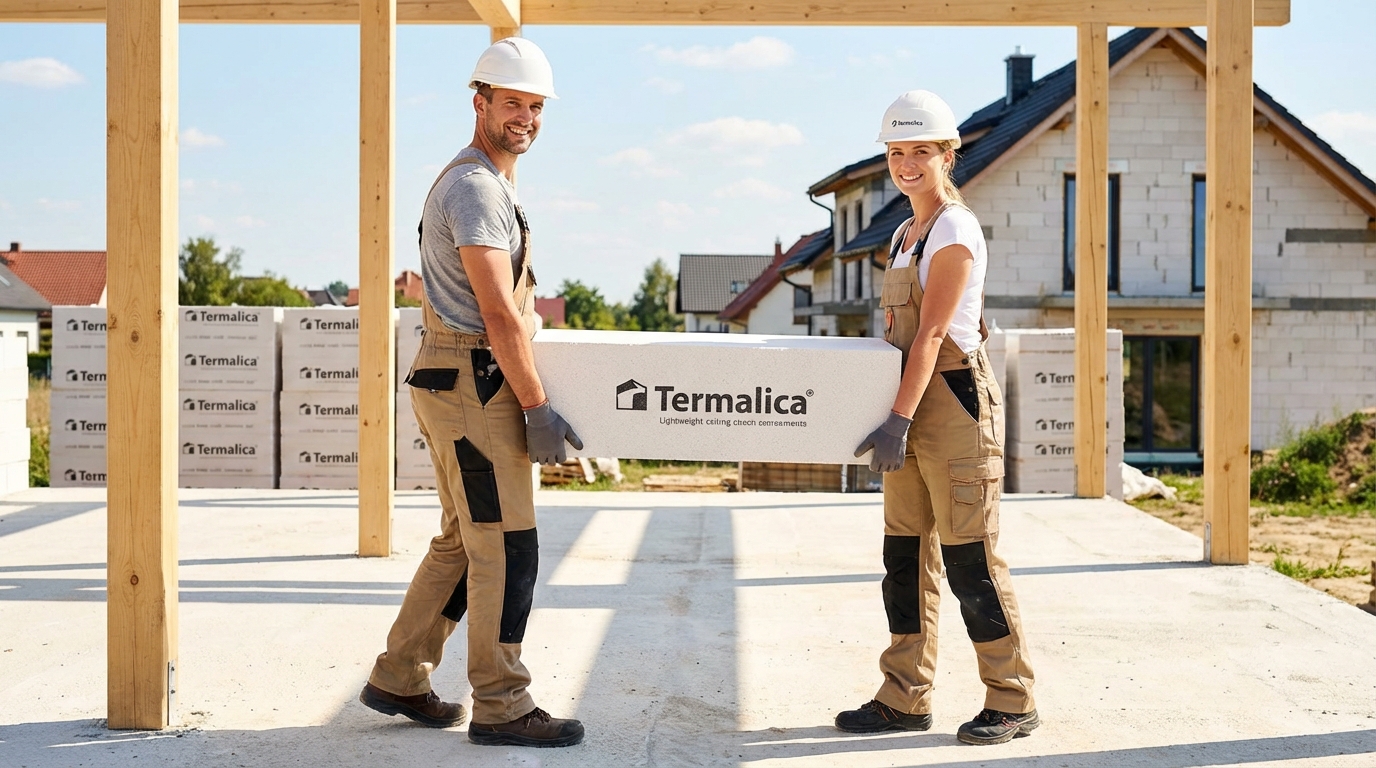 Zdjęcie przedstawiające dwóch budowlańców w kaskach, którzy z uśmiechem i bez widocznego wysiłku przenoszą i układają lekki pustak stropowy Termalica między belkami. Scena powinna podkreślać łatwość i szybkość montażu, bez potrzeby użycia ciężkiego sprzętu. W tle widać uporządkowany plac budowy i słoneczną pogodę.