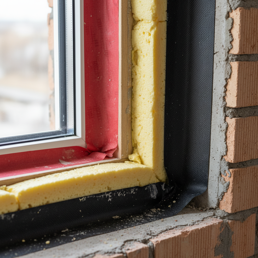 Zbliżenie na przekrój narożnika ramy okiennej podczas montażu. Widoczne są trzy warstwy uszczelnienia: wewnętrzna czerwona taśma paroszczelna, środkowa warstwa żółtej piany montażowej oraz zewnętrzna czarna taśma paroprzepuszczalna, starannie przyklejona do muru.