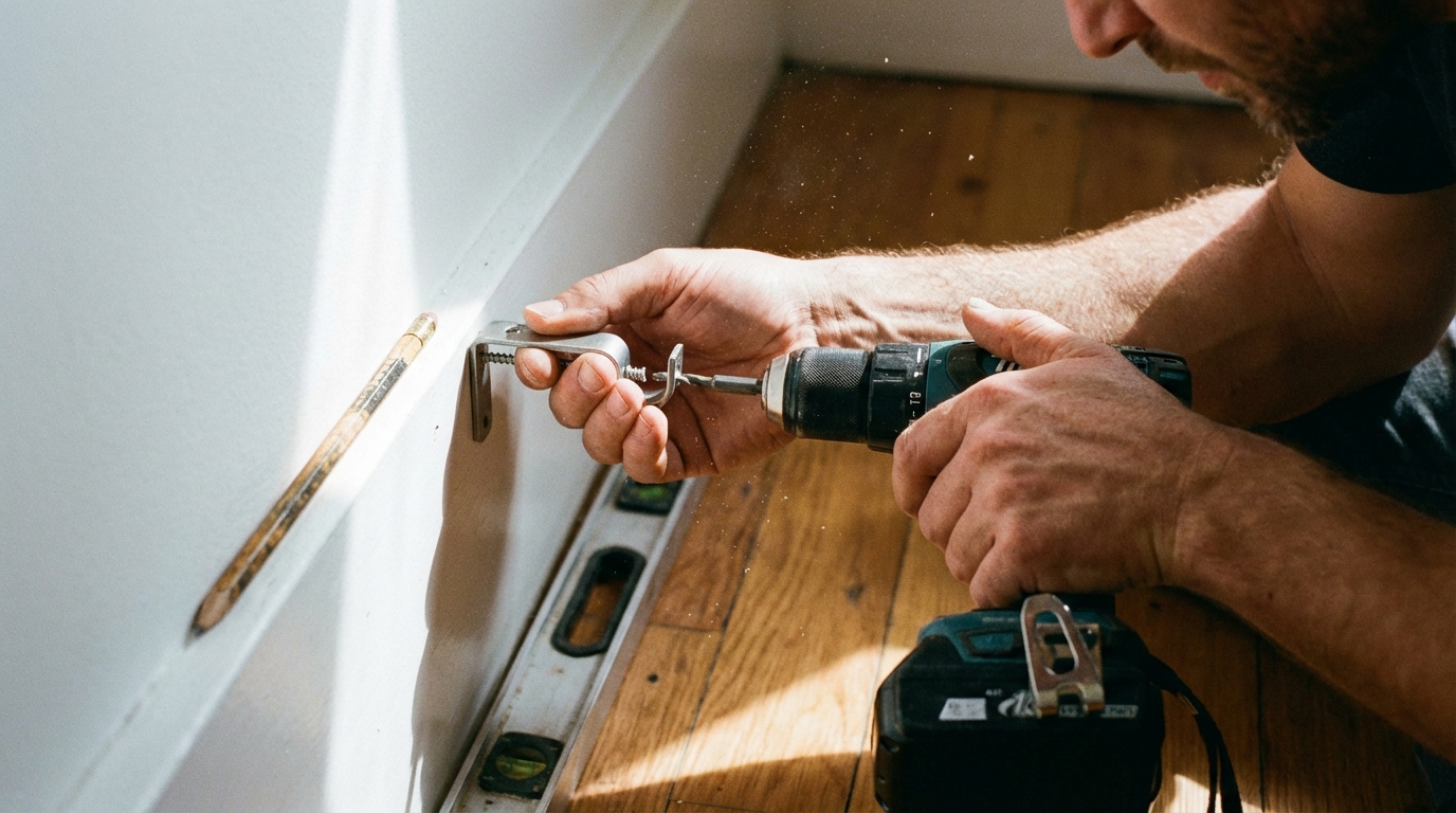 Zbliżenie na dłonie mężczyzny precyzyjnie montującego metalowy wspornik karnisza do białej ściany przy użyciu wkrętarki. Widać ołówek i poziomicę leżące w pobliżu. Kadr jest dynamiczny, skupiony na akcji montażu, podkreślając dokładność i staranność wykonania.