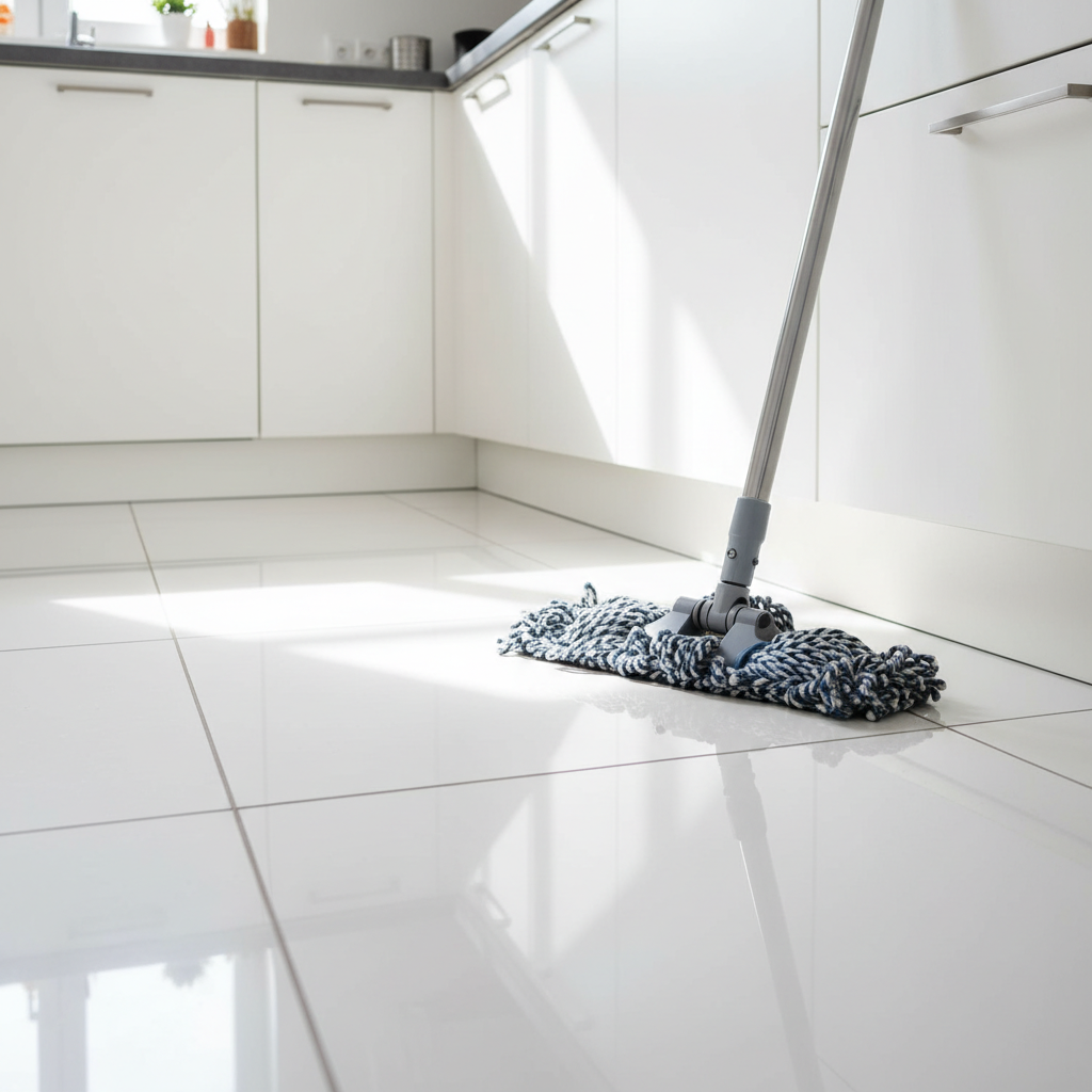 Ujęcie z niskiej perspektywy pokazujące trójkątną głowicę mopa obrotowego, która bez trudu dociera do narożnika pod nowoczesnymi, białymi szafkami kuchennymi. Podłoga lśni czystością, a światło odbija się w kaflach.