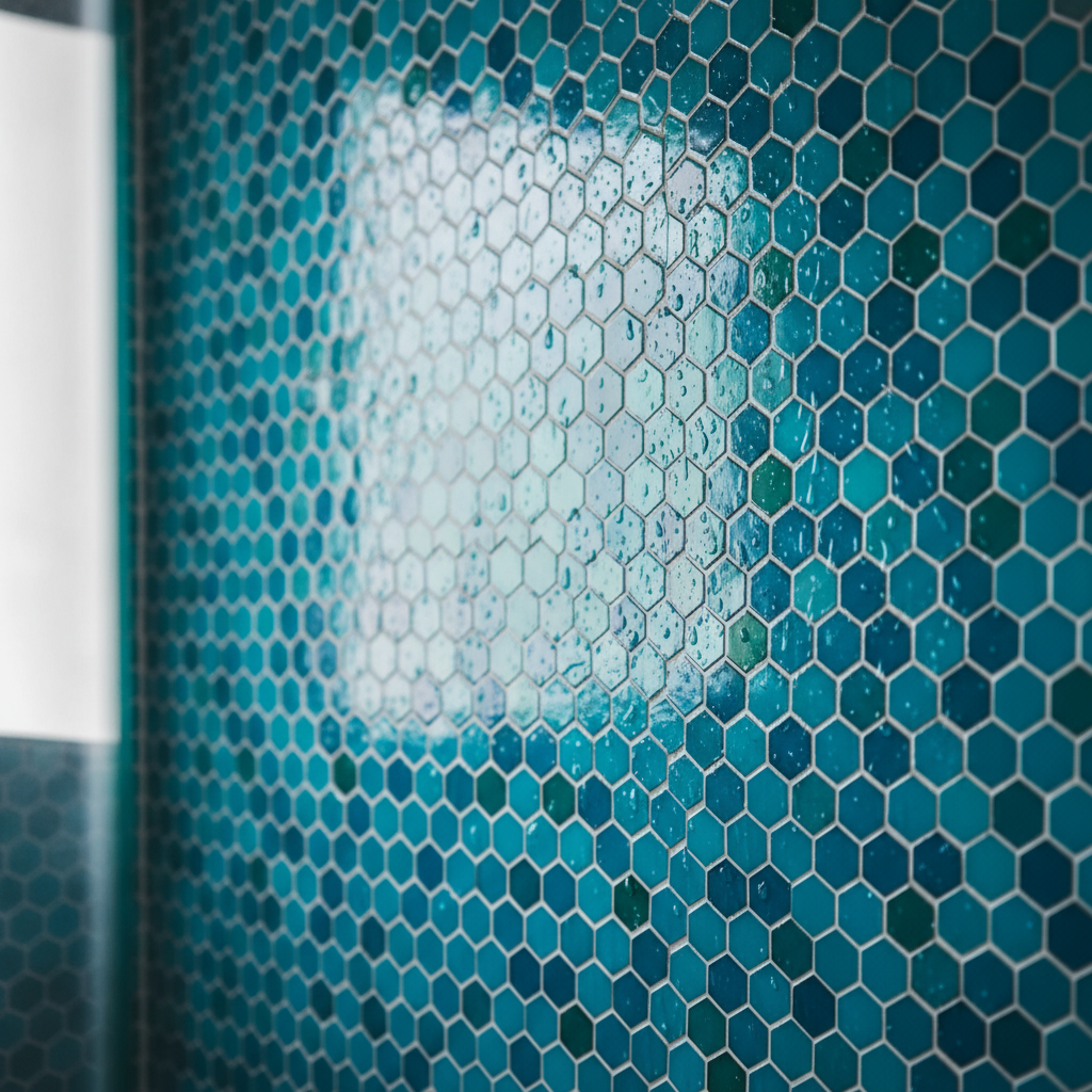 Zbliżenie na ścianę w kabinie prysznicowej typu walk-in, wyłożoną drobną, heksagonalną mozaiką w odcieniach błękitu i turkusu. Światło padające z góry mieni się na szklanej powierzchni kostek, tworząc efekt przypominający taflę wody. Widać krople wody spływające po mozaice, co podkreśla jej funkcjonalność i piękno w strefie mokrej.