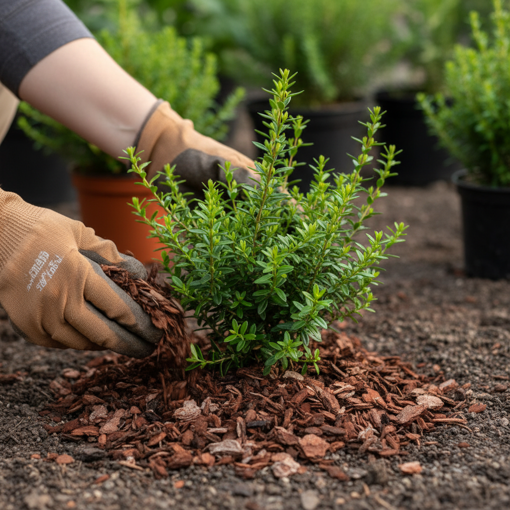 Dłonie ogrodnika w rękawicach delikatnie rozkładają warstwę ciemnej kory sosnowej wokół podstawy młodego krzewu Hebe. Roślina ma zdrowe, zielone liście, a ziemia wokół jest wilgotna. Scena jest spokojna i pokazuje akt dbania o roślinę.