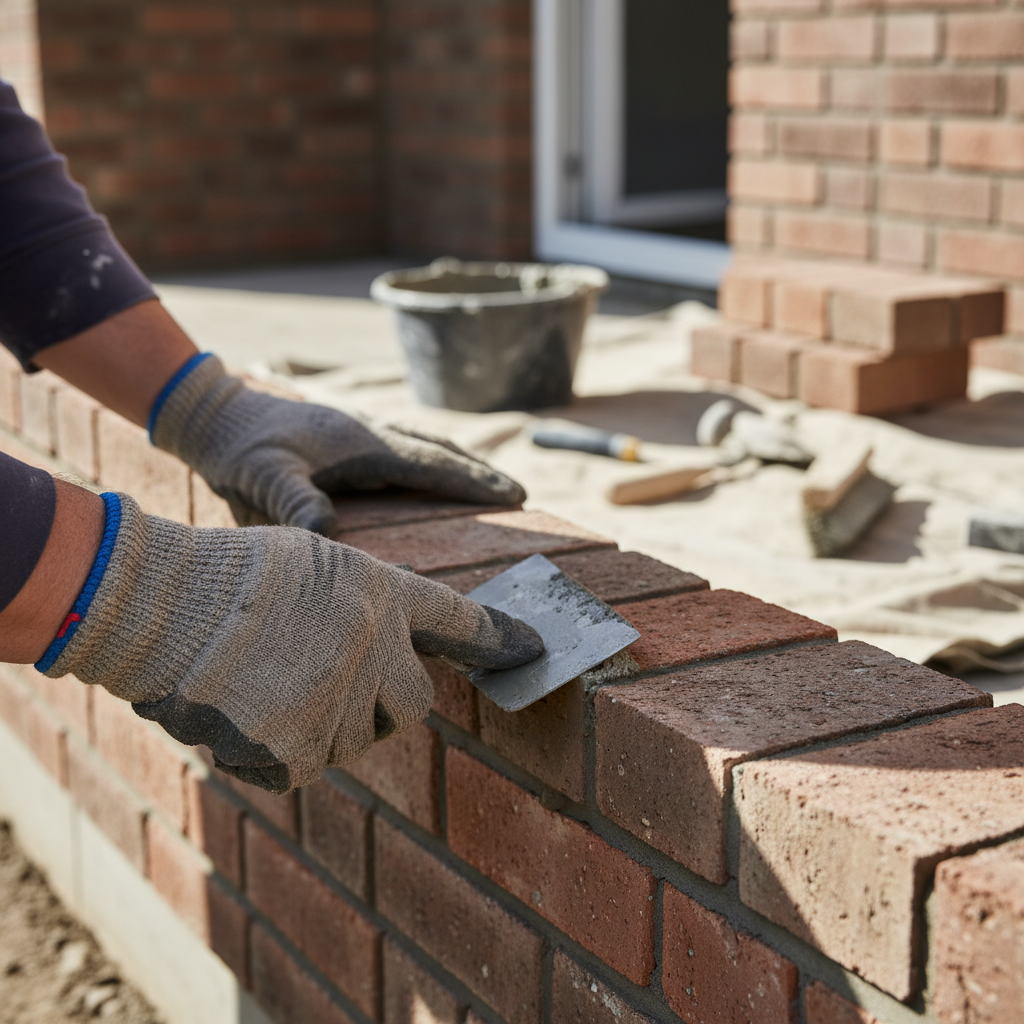 Zbliżenie na dłonie murarza w rękawicach roboczych, który starannie nakłada fugę między cegłami klinkierowymi na nowo budowanej ścianie domu. W tle widać narzędzia murarskie i świeżą, czystą elewację. Ujęcie jest dynamiczne i pokazuje precyzję pracy.
