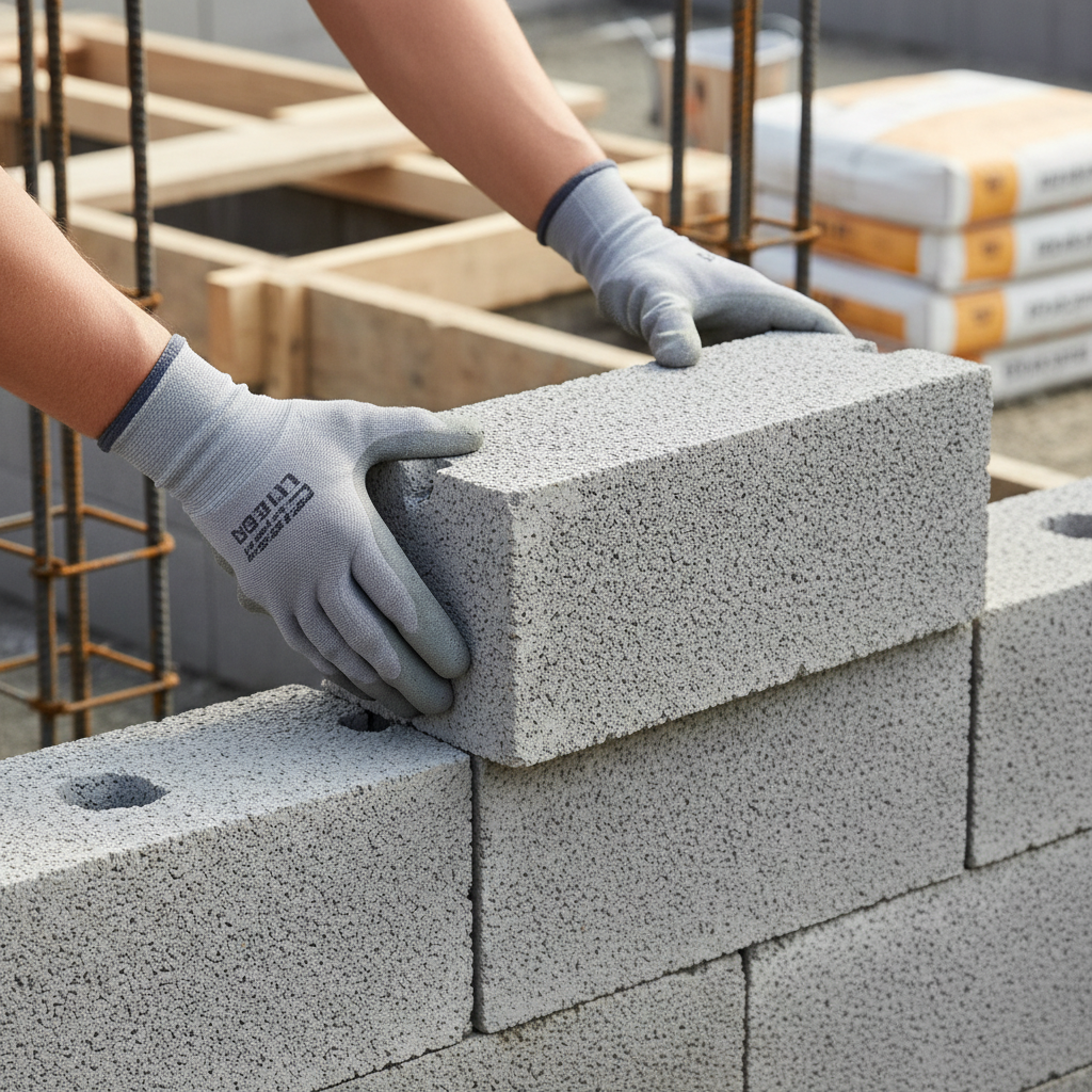 Zbliżenie na dłonie pracownika budowlanego w czystych rękawicach ochronnych, który precyzyjnie układa szary betonowy pustak szalunkowy na ścianie fundamentowej. Ostrość skupiona jest na prostocie i dokładności tej czynności, z widocznym systemem pióro-wpust. Tło jest lekko rozmyte, co podkreśla wykonywaną akcję.