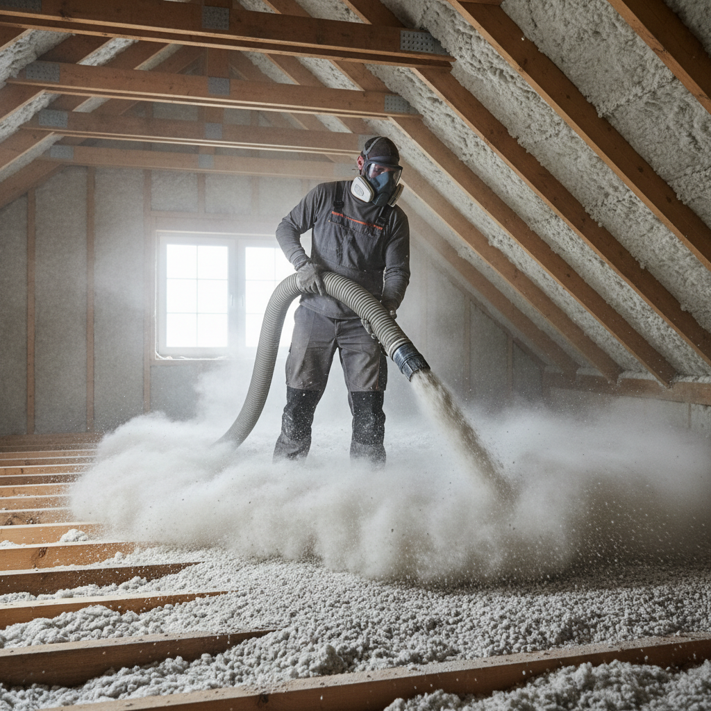Zdjęcie przedstawiające fachowca w masce ochronnej, który za pomocą elastycznej rury wdmuchuje granulat wełny kamiennej na strop poddasza. Widoczna jest rosnąca, puszysta warstwa izolacji.