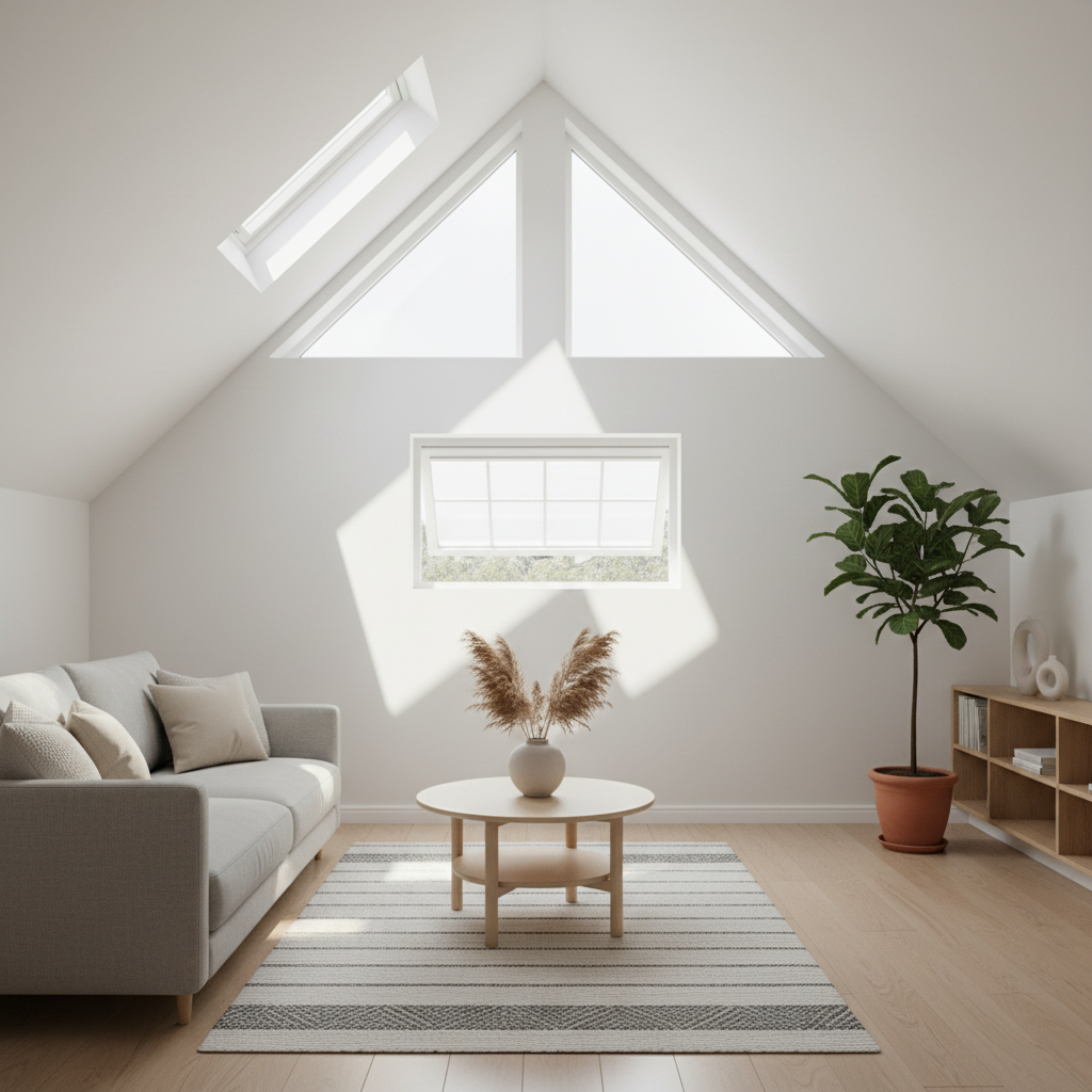 Jasny, minimalistyczny salon na poddaszu z widocznym trójkątnym oknem nadstawkowym nad standardowym oknem dachowym. Wnętrze jest zalane naturalnym światłem, a meble są w stylu skandynawskim. Promienie słońca tworzą ciekawe wzory na białej ścianie.