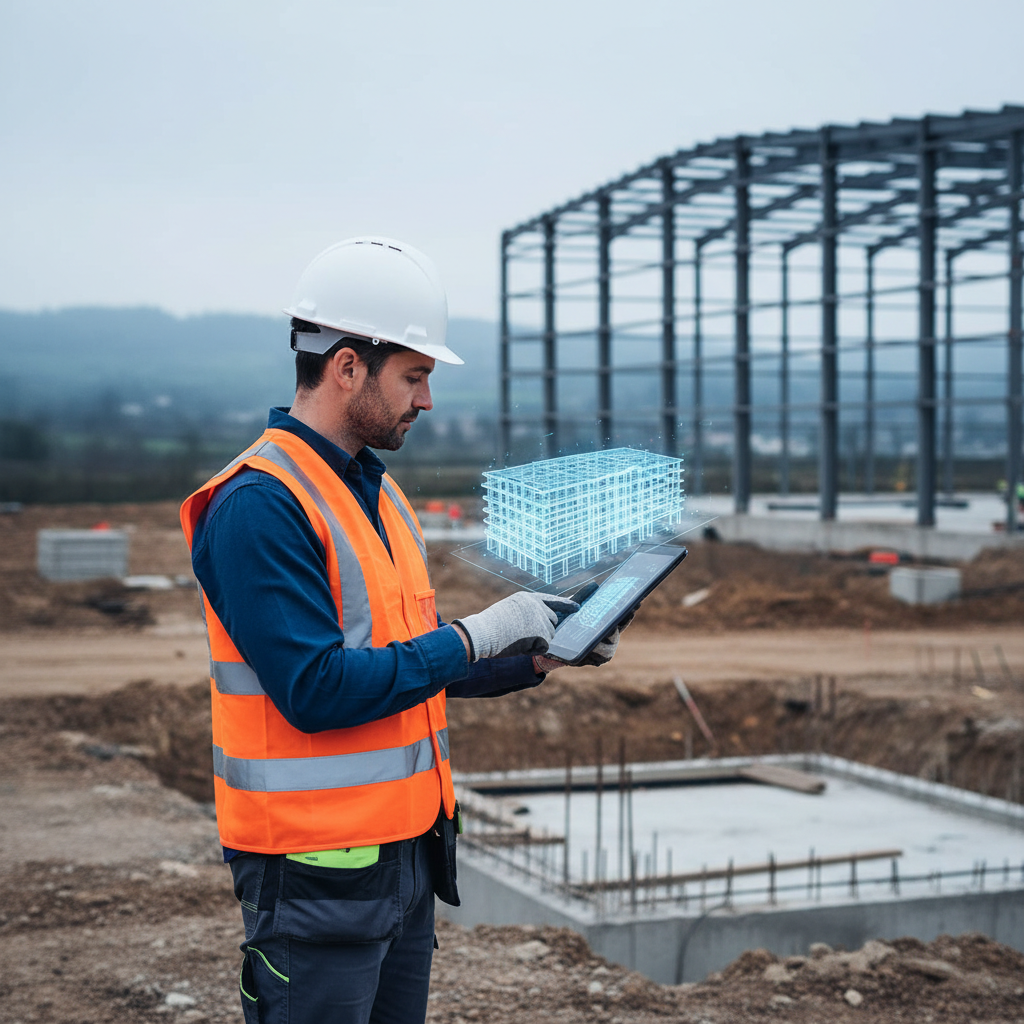 Inżynier w kasku i kamizelce odblaskowej stoi na placu budowy, trzymając w ręku tablet i analizując cyfrowy model budynku. W tle widać zarys terenu i horyzont. Zdjęcie wykonane w stonowanej, profesjonalnej kolorystyce, podkreślającej precyzję i odpowiedzialność.