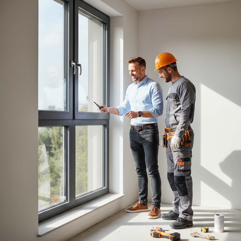 Inwestor w casualowym stroju, stojący obok profesjonalnego montera w stroju roboczym przy nowo zamontowanym oknie. Oboje patrzą na detal montażu, a inwestor z zadowoleniem kiwa głową. Scena emanuje zaufaniem i profesjonalizmem.