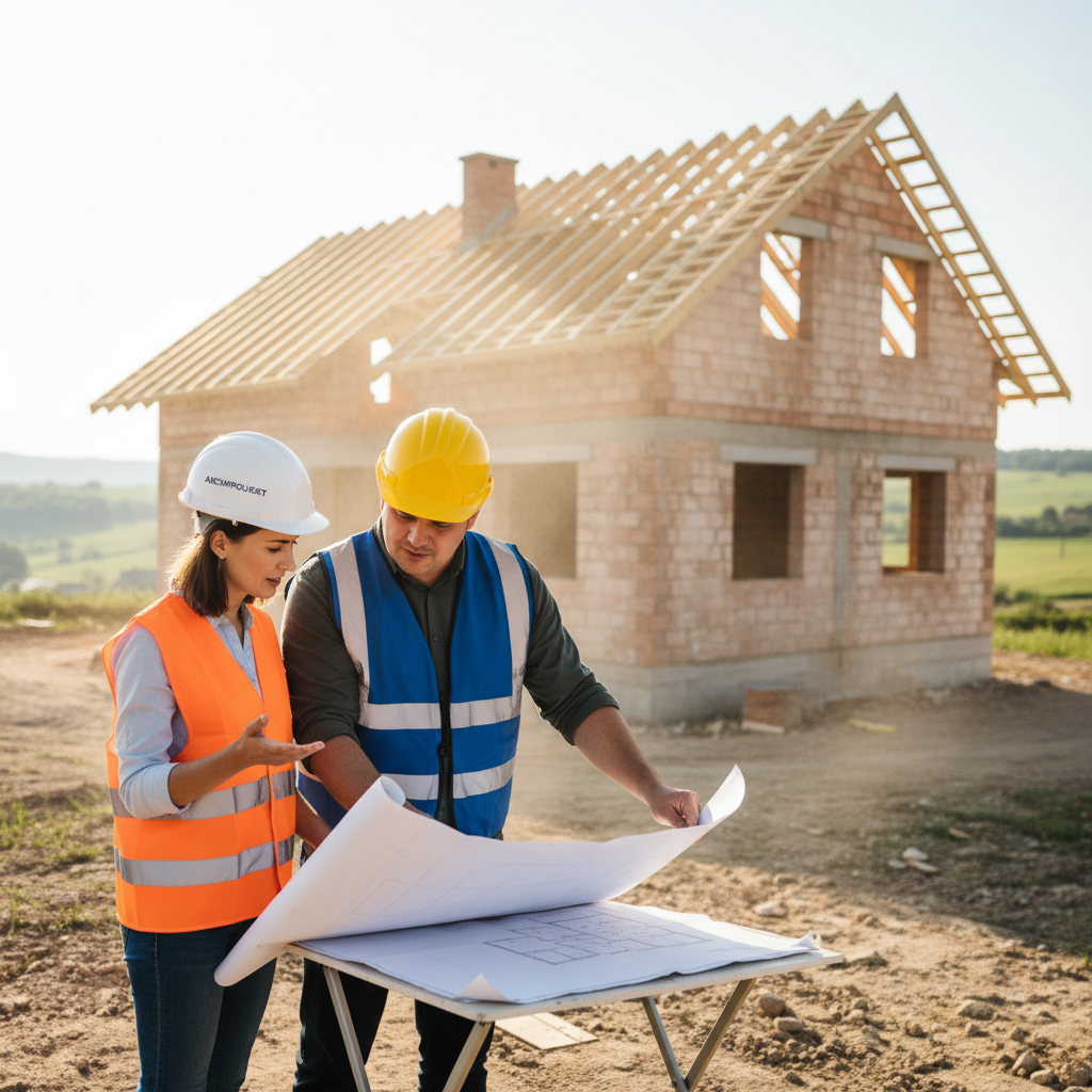 Architekt w kasku ochronnym i kamizelce, stojący na placu budowy z kierownikiem budowy. W tle widać powstający dom jednorodzinny, może być w stanie surowym otwartym. Oboje patrzą na plany budowlane, gestykulując i omawiając szczegóły konstrukcyjne. Światło jest naturalne, słoneczne, co sugeruje postęp prac.