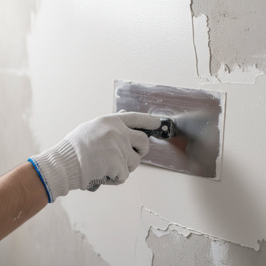 Zbliżenie na dłoń fachowca w czystej rękawicy, który za pomocą szerokiej pacy ze stali nierdzewnej nakłada na ścianę idealnie gładką warstwę białej gładzi gipsowej. Ruch jest płynny, a na powierzchni pacy widać plastyczną masę.