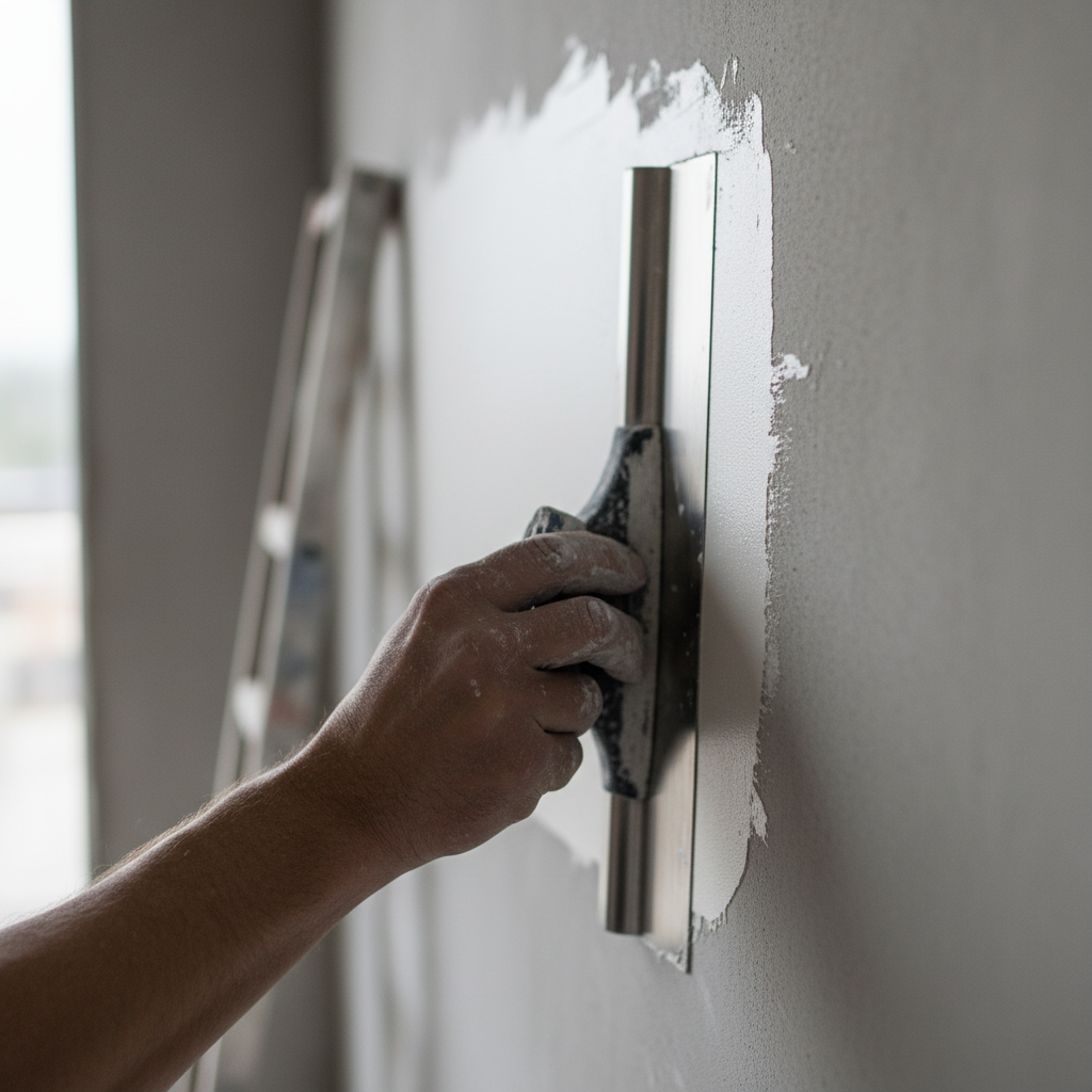 Dynamiczne ujęcie z bliska na rękę fachowca, który pewnym, płynnym ruchem rozprowadza białą gładź gipsową na szarej ścianie za pomocą szerokiej, lśniącej pacy ze stali nierdzewnej. Na pace widać idealnie gładką masę, a w tle rozmazane elementy placu budowy.