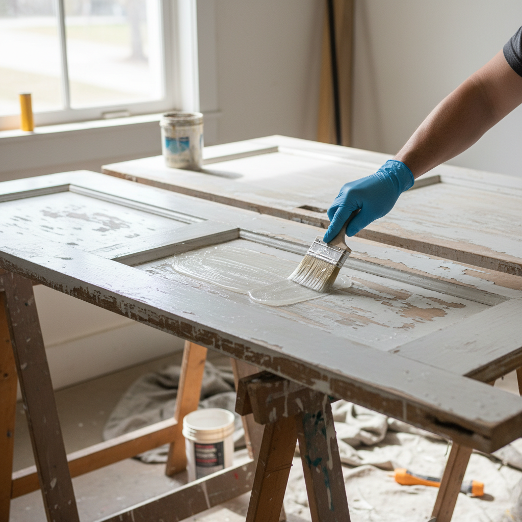 Osoba w rękawicach ochronnych nakłada pędzlem gęsty, przezroczysty żel na stare, białe drzwi leżące na kobyłkach. Widoczne fragmenty, gdzie farba już zaczyna się łuszczyć. Estetyka "zrób to sam", jasne, dobrze oświetlone pomieszczenie.