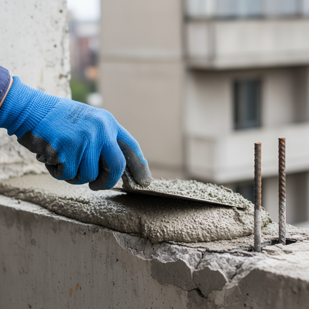 Zbliżenie na dłoń w rękawicy roboczej, która za pomocą stalowej pacy starannie nakłada i wygładza szarą zaprawę wyrównawczą na uszkodzonej krawędzi betonowego balkonu. W tle widać fragment czystego zbrojenia. Ujęcie jest dynamiczne i pokazuje precyzję pracy.