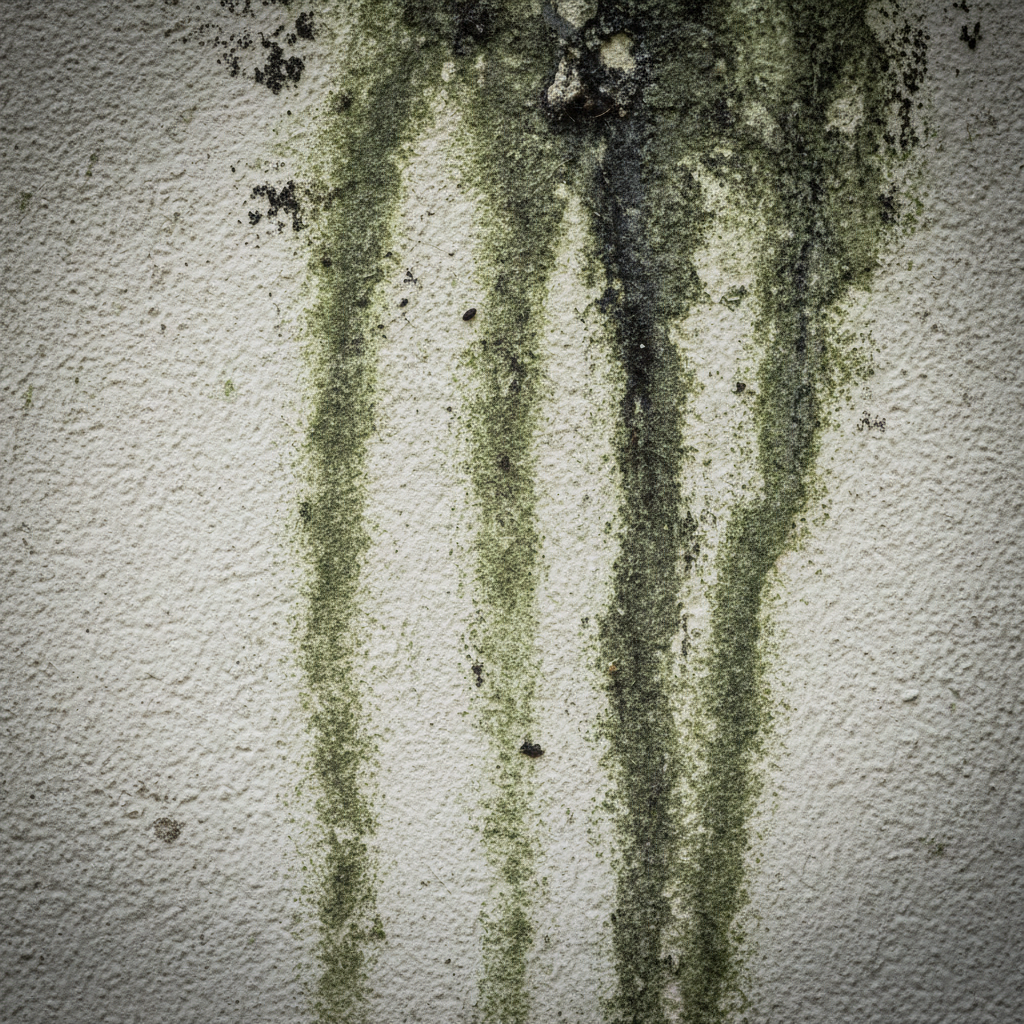 Realistyczne, szczegółowe zbliżenie na fragment elewacji z jasnego tynku, na którym widoczne są wyraźne, nieestetyczne ślady korozji biologicznej. Zielono-szare i czarne plamy glonów i pleśni tworzą brzydkie zacieki, pokazując zaawansowane stadium problemu. Zdjęcie ma lekko dramatyczny, ostrzegawczy charakter.