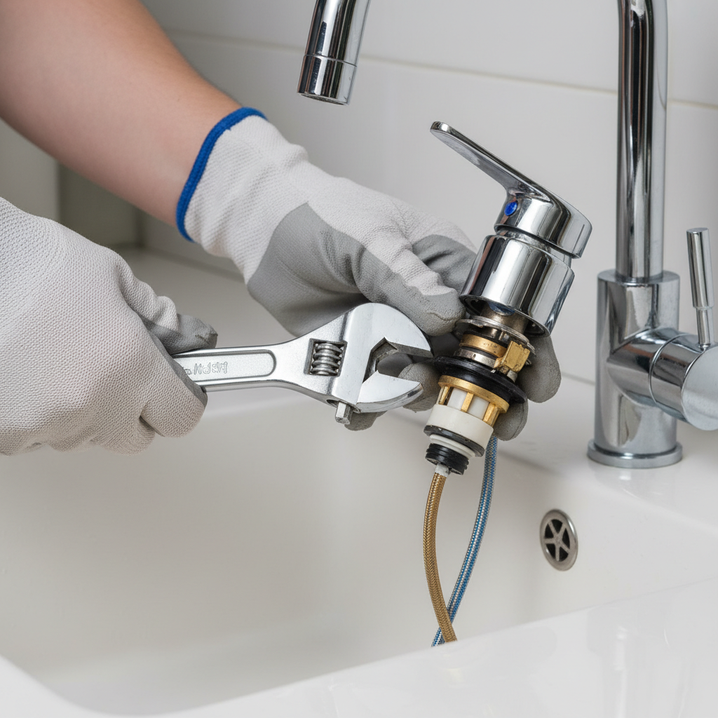 Zbliżenie na dłonie osoby, która za pomocą klucza nastawnego ostrożnie odkręca głowicę nowoczesnej, chromowanej baterii kuchennej. Wewnętrzne mechanizmy kranu są widoczne. Oświetlenie jest jasne i skupione na detalach pracy, podkreślając precyzję działania.