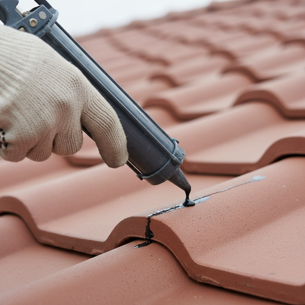zbliżenie na dłoń w rękawicy roboczej, która za pomocą pistoletu do kartuszy precyzyjnie aplikuje ciemny uszczelniacz w niewielkie pęknięcie na ceramicznej dachówce. W tle widać fragment czystego, zadbanego dachu. Oświetlenie jest miękkie i naturalne.