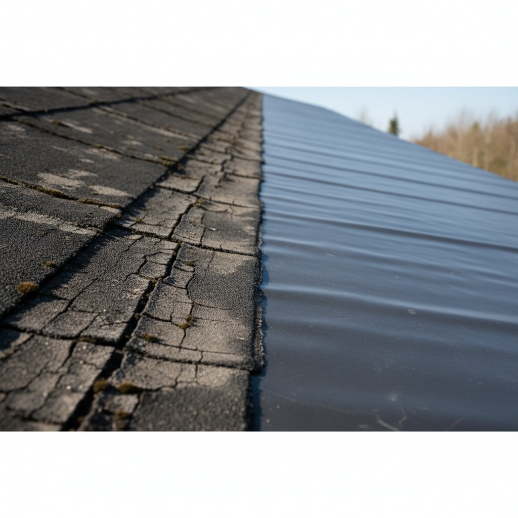 Ujęcie pokazujące fragment dachu pokrytego starą, spękaną papą, gdzie w połowie kadru zaczyna się nowa, gładka i jednolita warstwa nylonu dekarskiego. Kontrast między starym a nowym jest wyraźnie widoczny.