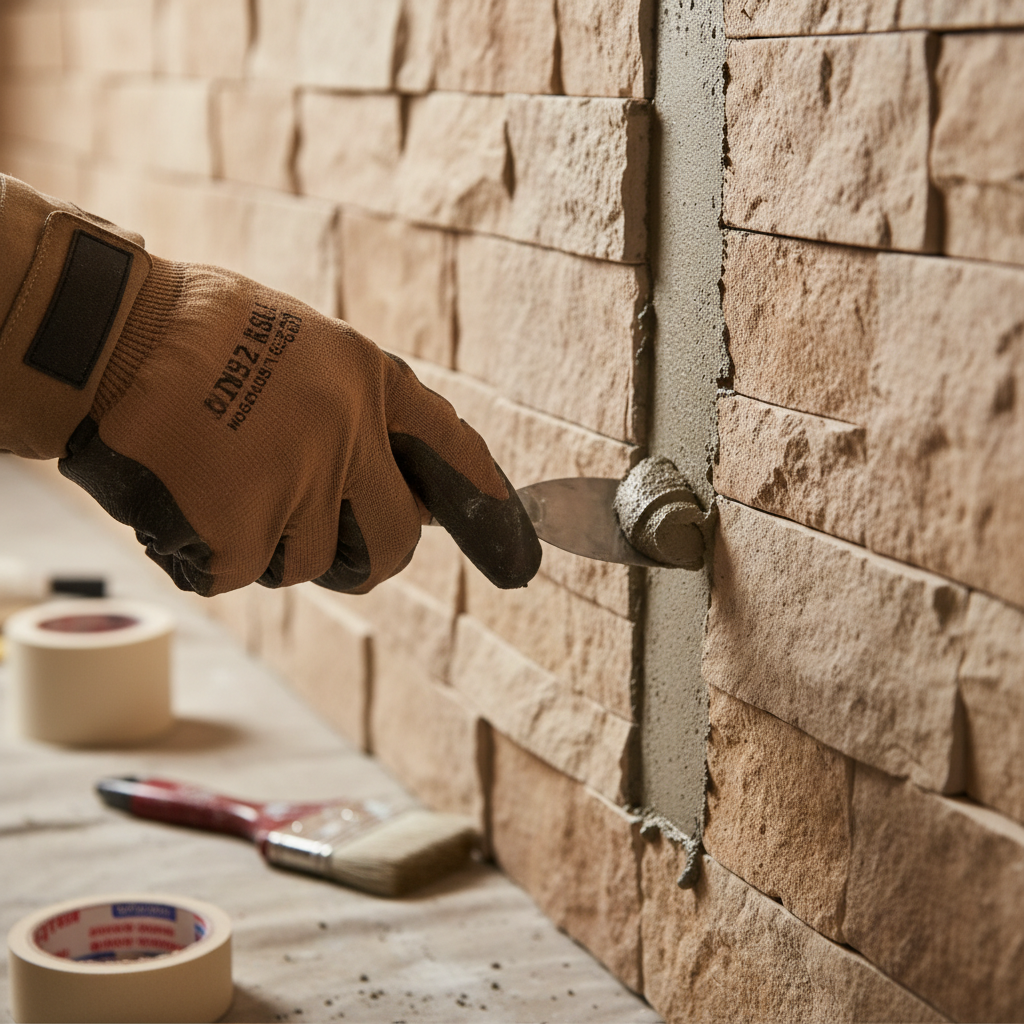 Zbliżenie na dłoń w rękawicy roboczej, która za pomocą małej szpachelki starannie nakłada szarą zaprawę naprawczą w szczelinę na dekoracyjnej ścianie z kamienia. W tle widać fragmenty kamiennej faktury i narzędzia malarskie. Kadr jest ciepły, skupiony na precyzyjnej pracy rzemieślniczej.