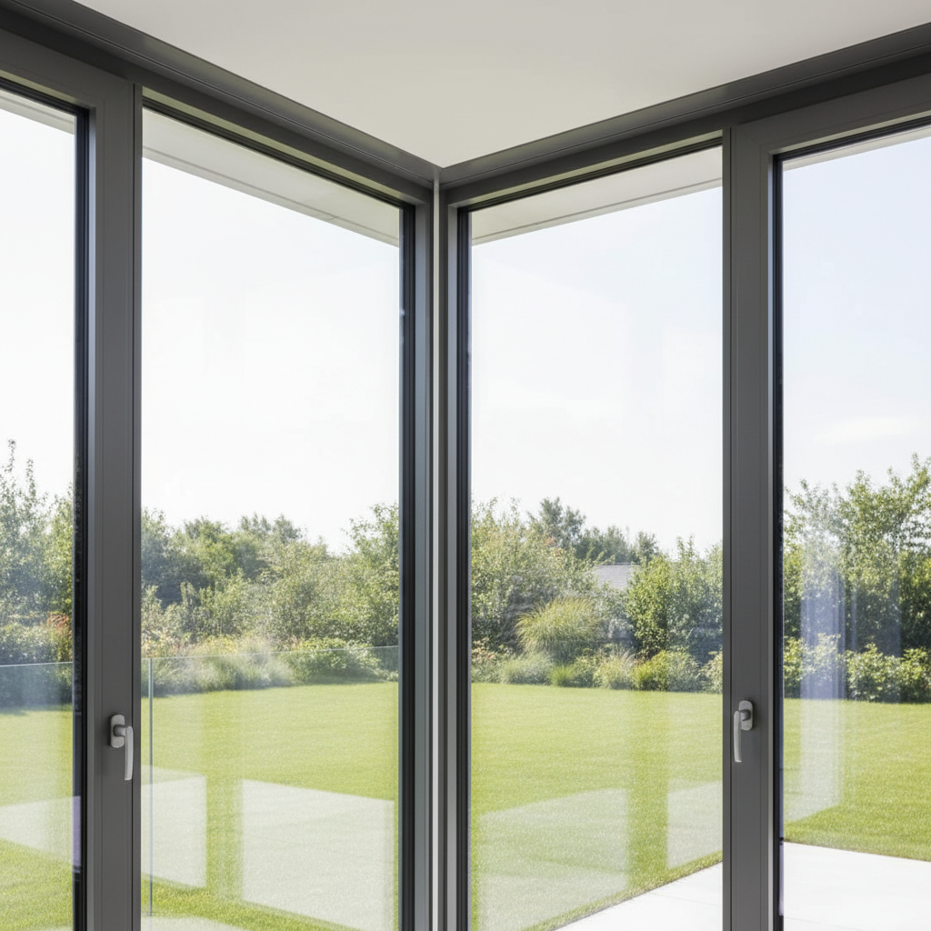 Zbliżenie na zewnętrzny róg nowoczesnego domu, gdzie dwie ogromne tafle szkła drzwi balkonowych spotykają się pod kątem 90 stopni bez widocznego słupka. Jedno skrzydło jest lekko uchylone, pokazując czystą, minimalistyczną linię połączenia. W tle widać fragment zielonego trawnika. Zdjęcie ma charakter minimalistyczny i elegancki.