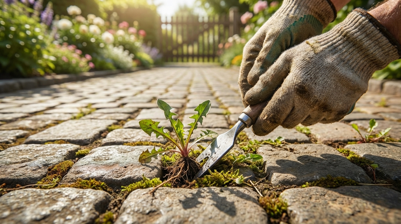 Zbliżenie na dłonie w rękawicach ogrodowych, które używają specjalistycznego, wąskiego narzędzia do wyrywania chwastów spomiędzy fug kostki brukowej. Tło to słoneczny, zadbany podjazd.