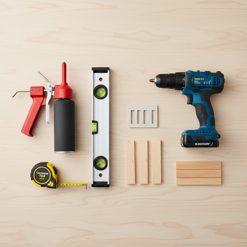 Estetyczne ujęcie typu flat lay, prezentujące niezbędne narzędzia do montażu ościeżnicy: poziomica, wiertarka, kliny, pistolet z pianką montażową, miarka. Narzędzia są czysto ułożone na drewnianym tle, co sugeruje profesjonalizm i porządek w pracy.