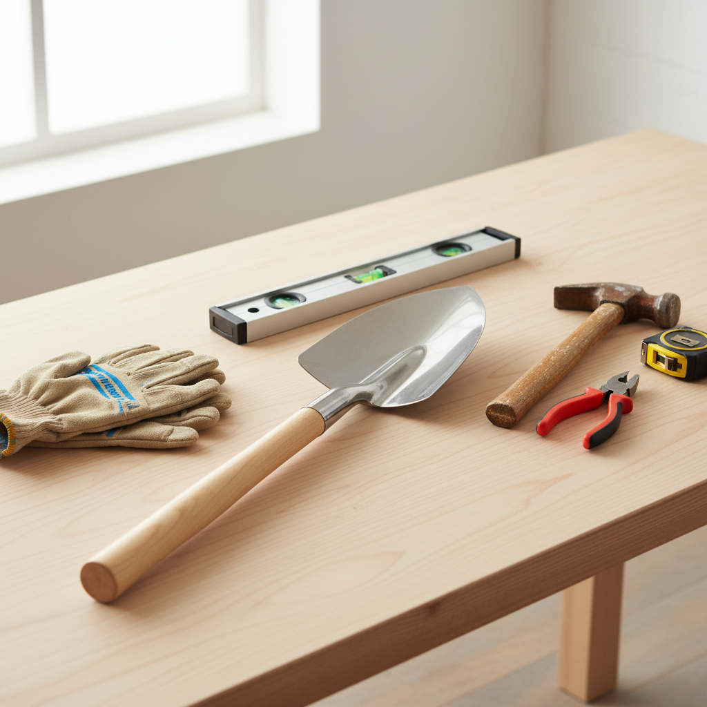 Estetyczna kompozycja narzędzi potrzebnych do montażu ogrodzenia, ułożona na drewnianym blacie warsztatowym. Widoczne są: szpadel, poziomica, młotek, obcęgi, zwinięta miarka oraz para rękawic roboczych. Całość w jasnej, czystej stylistyce, inspirującej do działania.