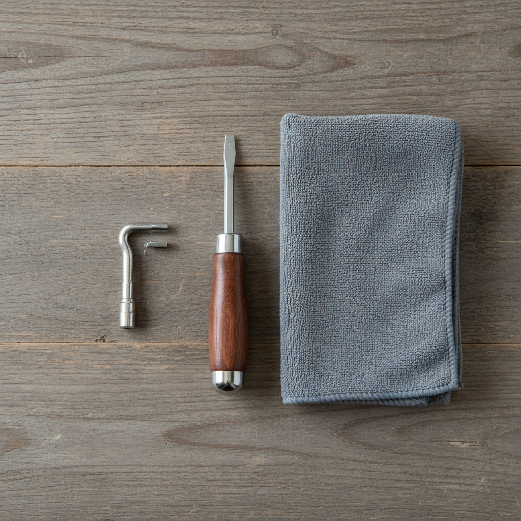 Estetyczne ujęcie z góry (flat lay) na drewnianym tle. Na środku leży mały, metalowy kluczyk do odpowietrzania grzejników oraz elegancki wkrętak z drewnianą rączką. Obok nich leży zwinięta w kostkę szara, gruba szmatka z mikrofibry. Kompozycja jest czysta, minimalistyczna i sugeruje prostotę oraz przygotowanie do pracy.