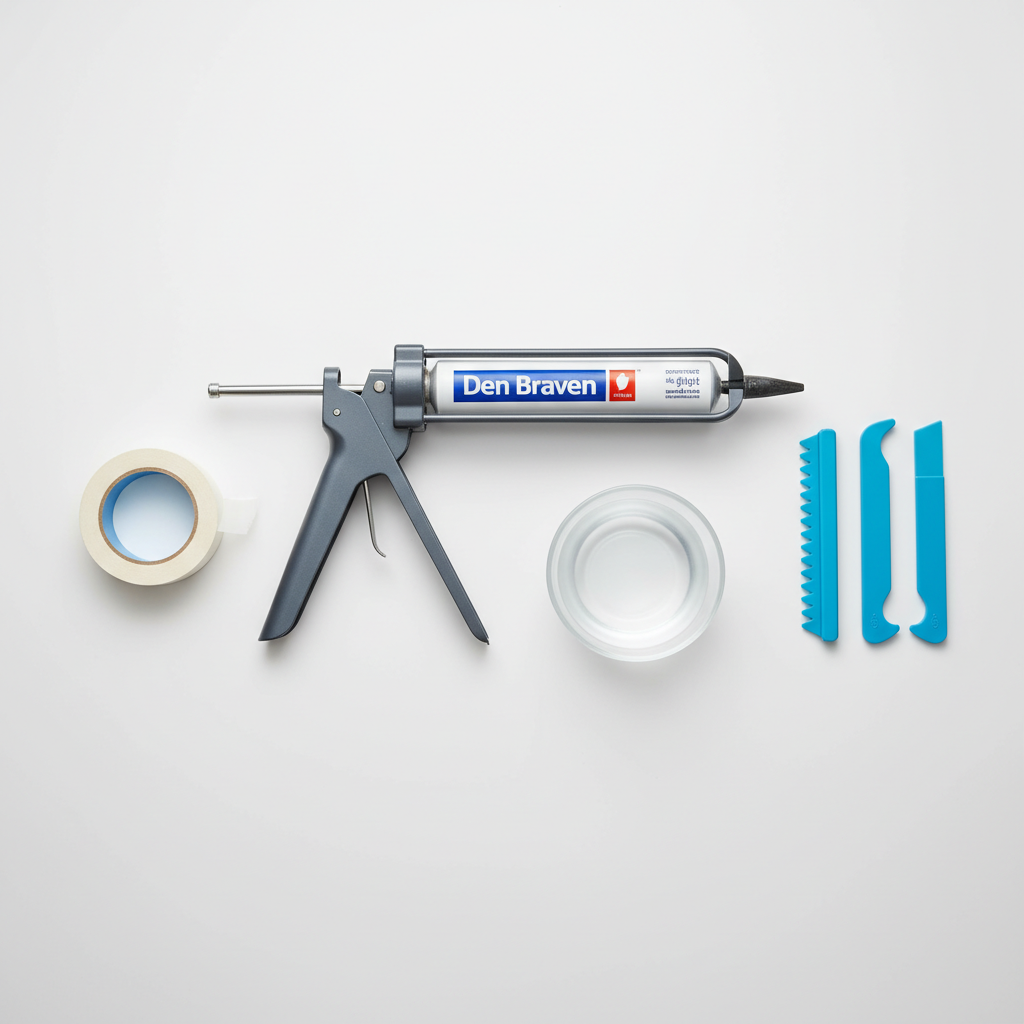 Kompozycja flat lay przedstawiająca narzędzia do aplikacji silikonu na jasnym, minimalistycznym tle. Widoczny jest nowoczesny pistolet do kartuszy z tubą silikonu marki Den Braven, zestaw niebieskich szpachelek do wygładzania fug, rolka taśmy malarskiej oraz mała miseczka z wodą. Całość jest profesjonalnie oświetlona, tworząc wrażenie porządku i gotowości do pracy.