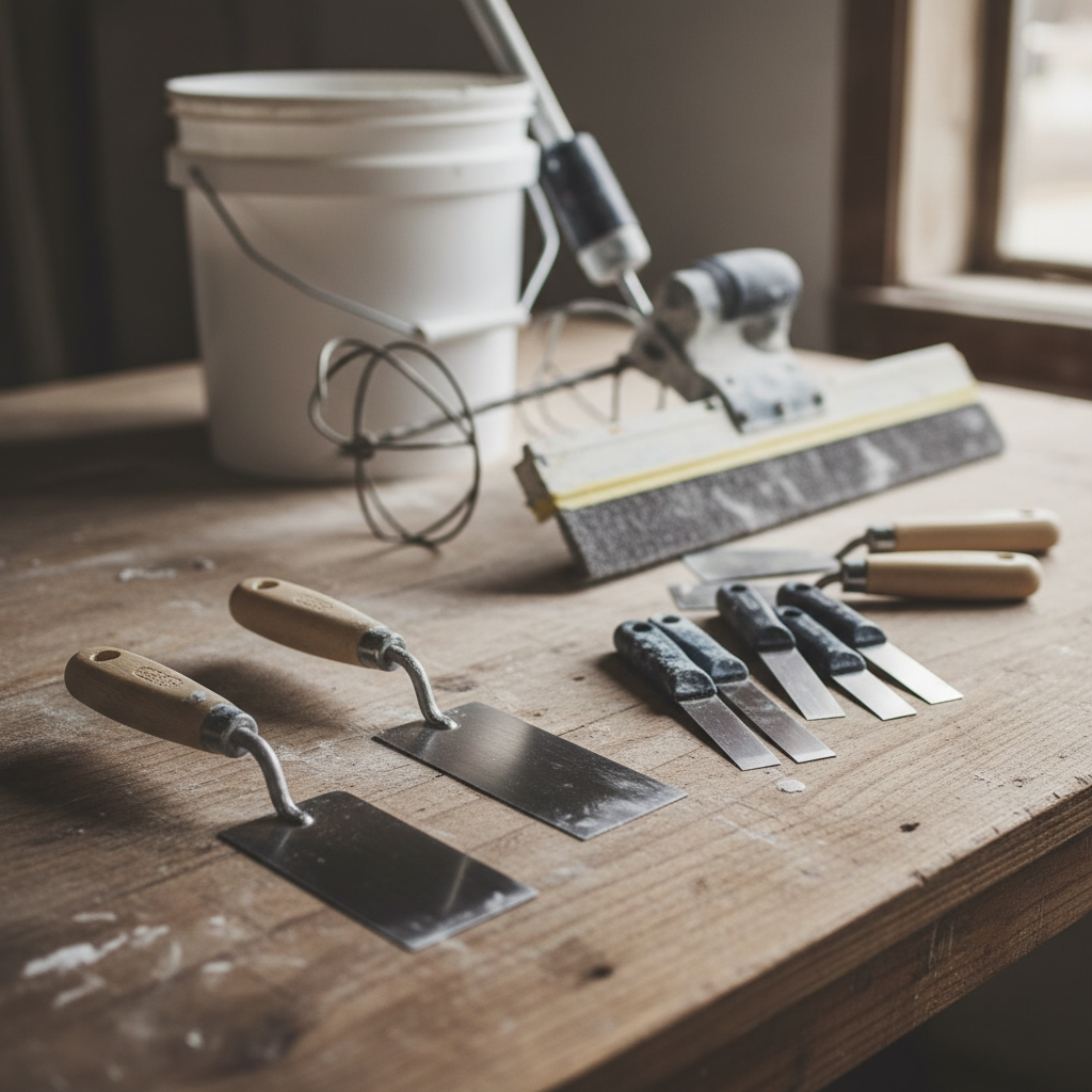 Estetycznie ułożony na drewnianym blacie roboczym zestaw czystych narzędzi do gładzi. Na pierwszym planie dwie pac ze stali nierdzewnej o różnej szerokości, obok nich zestaw szpachelek. W tle widać wiadro, mieszadło do wiertarki oraz pacę do szlifowania z siatką ścierną. Kompozycja jest uporządkowana i profesjonalna, sugerująca gotowość do pracy.
