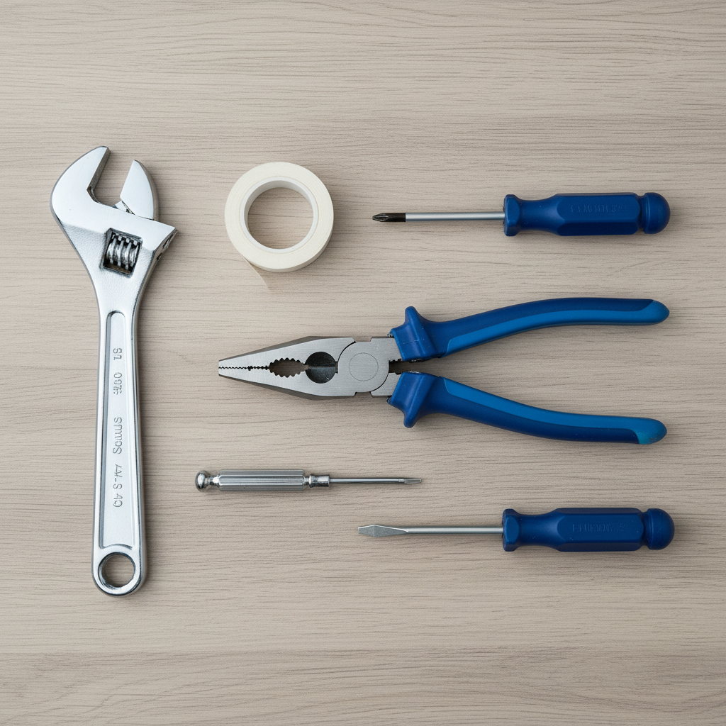 Estetyczne ujęcie typu flat lay przedstawiające podstawowe narzędzia hydrauliczne: klucz francuski, szczypce, kilka śrubokrętów i rolkę taśmy teflonowej. Narzędzia są czyste i ułożone w uporządkowany sposób na neutralnym, drewnianym tle, co tworzy profesjonalny i zachęcający obraz.