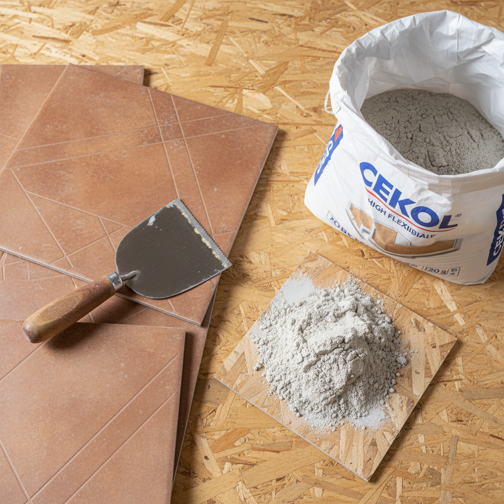 Czyste, dobrze oświetlone ujęcie z góry na fragment podłogi z płyty OSB. Obok leży kilka nowoczesnych płytek terakoty, paca zębata oraz otwarty worek wysokoplastycznej zaprawy klejącej marki CEKOL, sugerujący gotowość do rozpoczęcia prac.
