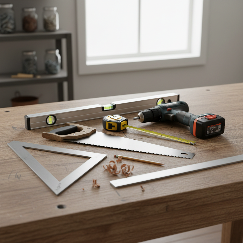 Zdjęcie w stylu flat lay, prezentujące niezbędne narzędzia do budowy drewutni (piła, miarka, poziomica, wkrętarka, kątownik) starannie ułożone na drewnianym stole warsztatowym. Kompozycja jest czysta, estetyczna i inspirująca do pracy.