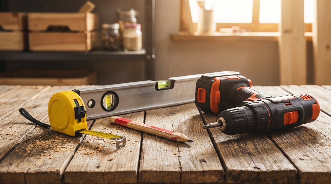 Estetyczna kompozycja narzędzi do montażu karniszy, ułożona na drewnianym stole warsztatowym. W kadrze widać miarkę zwijaną, ołówek stolarski, poziomicę i nowoczesną wkrętarkę. Tło jest lekko rozmyte, a oświetlenie ciepłe i naturalne, sugerujące atmosferę przygotowań do pracy w stylu DIY.