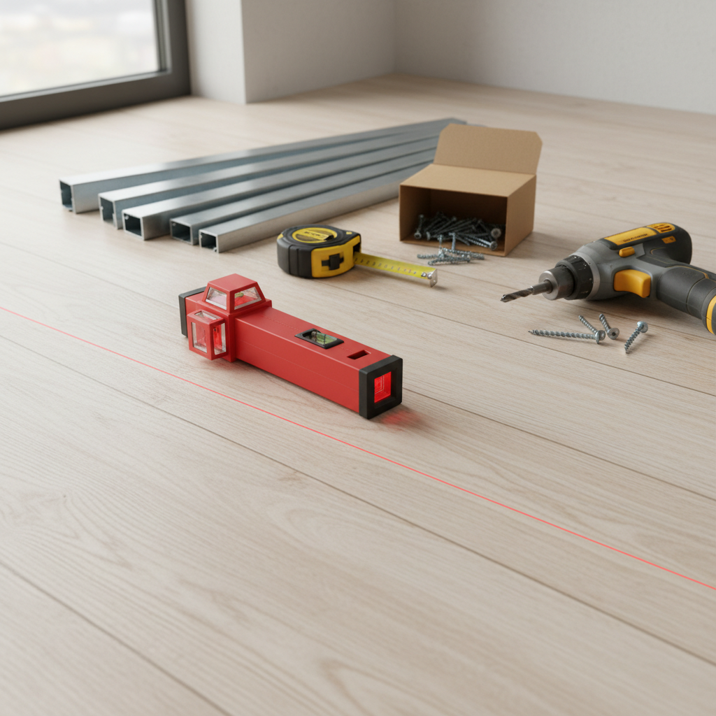 Estetycznie ułożone na drewnianej podłodze narzędzia i materiały do montażu sufitu: poziomica laserowa rzucająca czerwoną linię, zwinięta miarka, profile CD i UD, paczka wkrętów oraz wkrętarka. Kompozycja sugeruje profesjonalizm i gotowość do rozpoczęcia pracy.