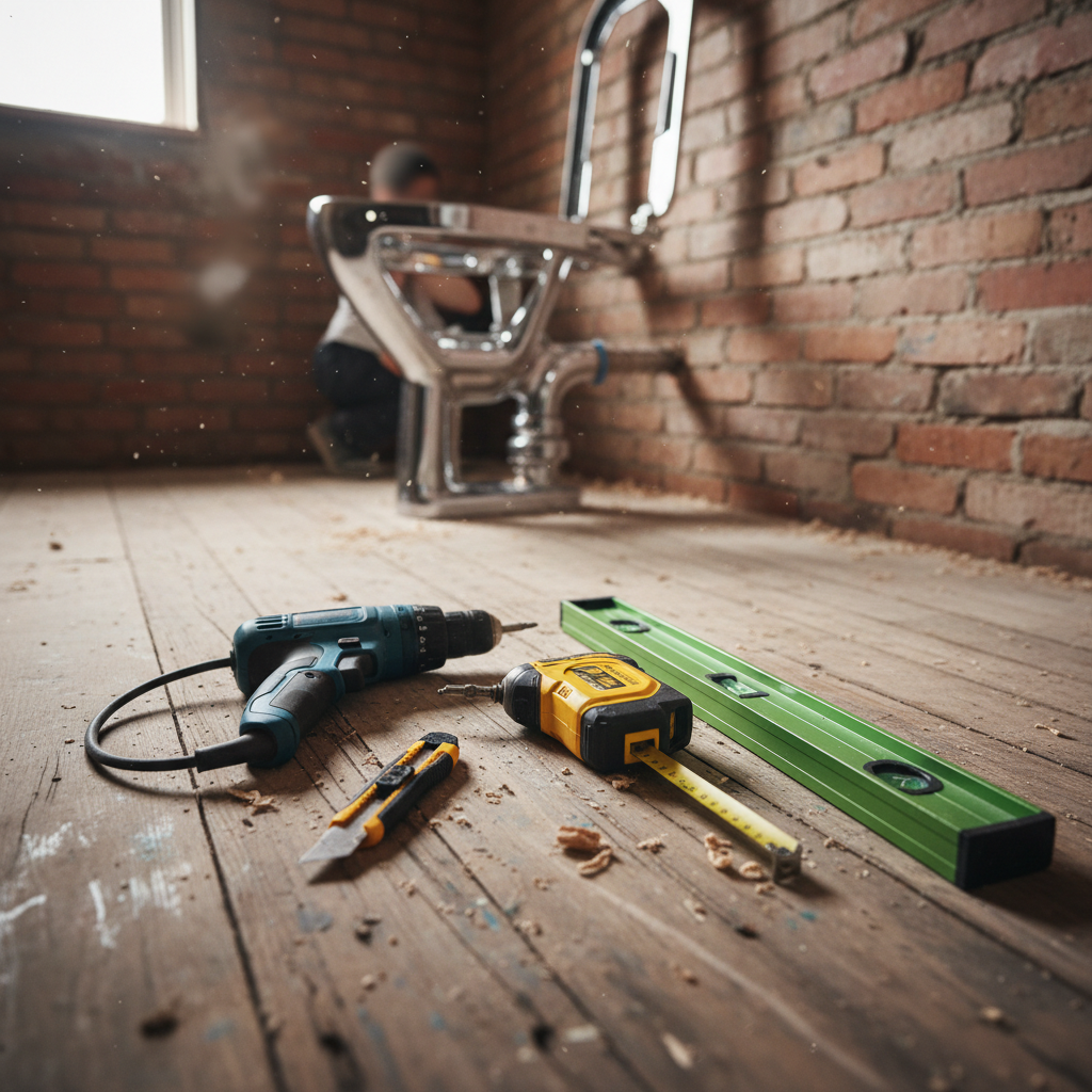 Kompozycja narzędzi starannie ułożonych na drewnianej podłodze w remontowanej łazience. Widać wiertarkę, wkrętarkę akumulatorową, poziomicę, miarkę zwijaną i ostry nóż. W tle rozmyta postać stelaża WC opartego o surową, ceglaną ścianę.