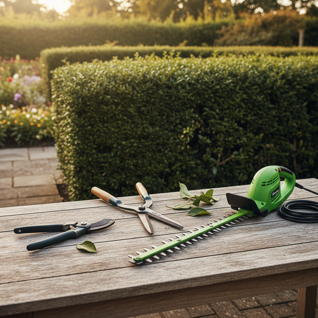 Kompozycja narzędzi do pielęgnacji żywopłotu: sekator ręczny, nożyce do żywopłotu i nożyce elektryczne, leżące na drewnianym stole w ogrodzie. W tle widać zadbany żywopłot.