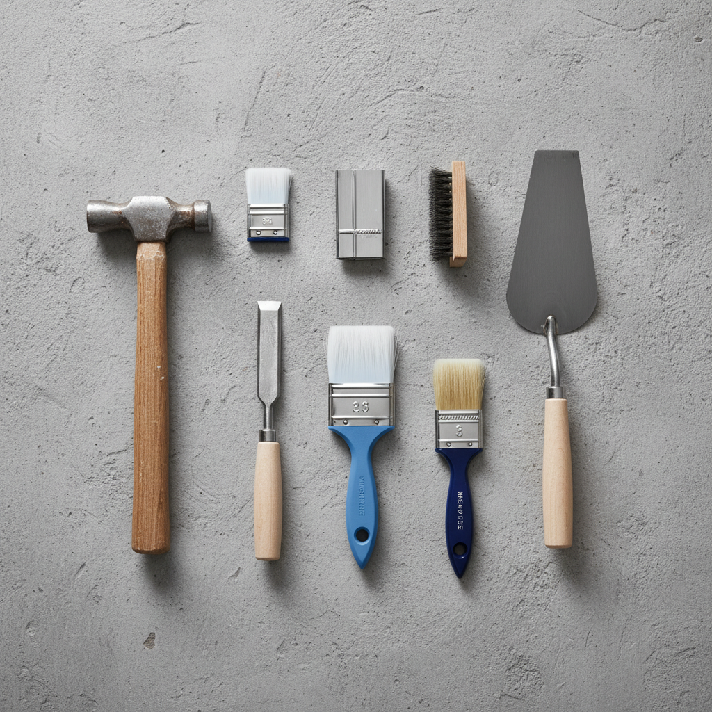 Estetyczne, płaskie ujęcie (flat lay) czystych narzędzi do remontu balkonu – młotek, przecinak, stalowa paca, pędzle i druciana szczotka – ułożonych starannie na szarej, surowej powierzchni betonowej. Kompozycja jest uporządkowana i minimalistyczna.