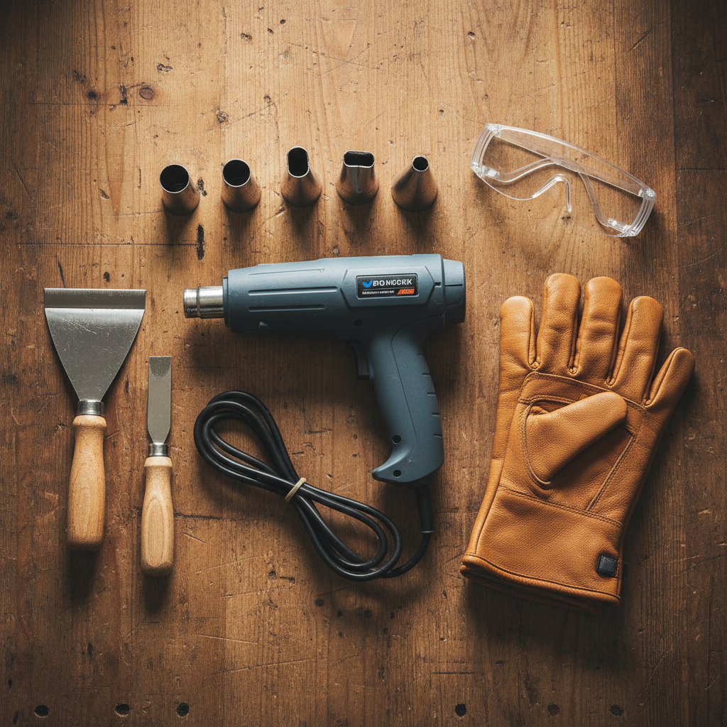 Estetyczna kompozycja typu flat lay przedstawiająca narzędzia do renowacji okien na drewnianym stole warsztatowym: nowoczesna opalarka, zestaw dysz, skrobak, szpachelka, grube skórzane rękawice robocze i okulary ochronne. Ciepłe, naturalne oświetlenie.
