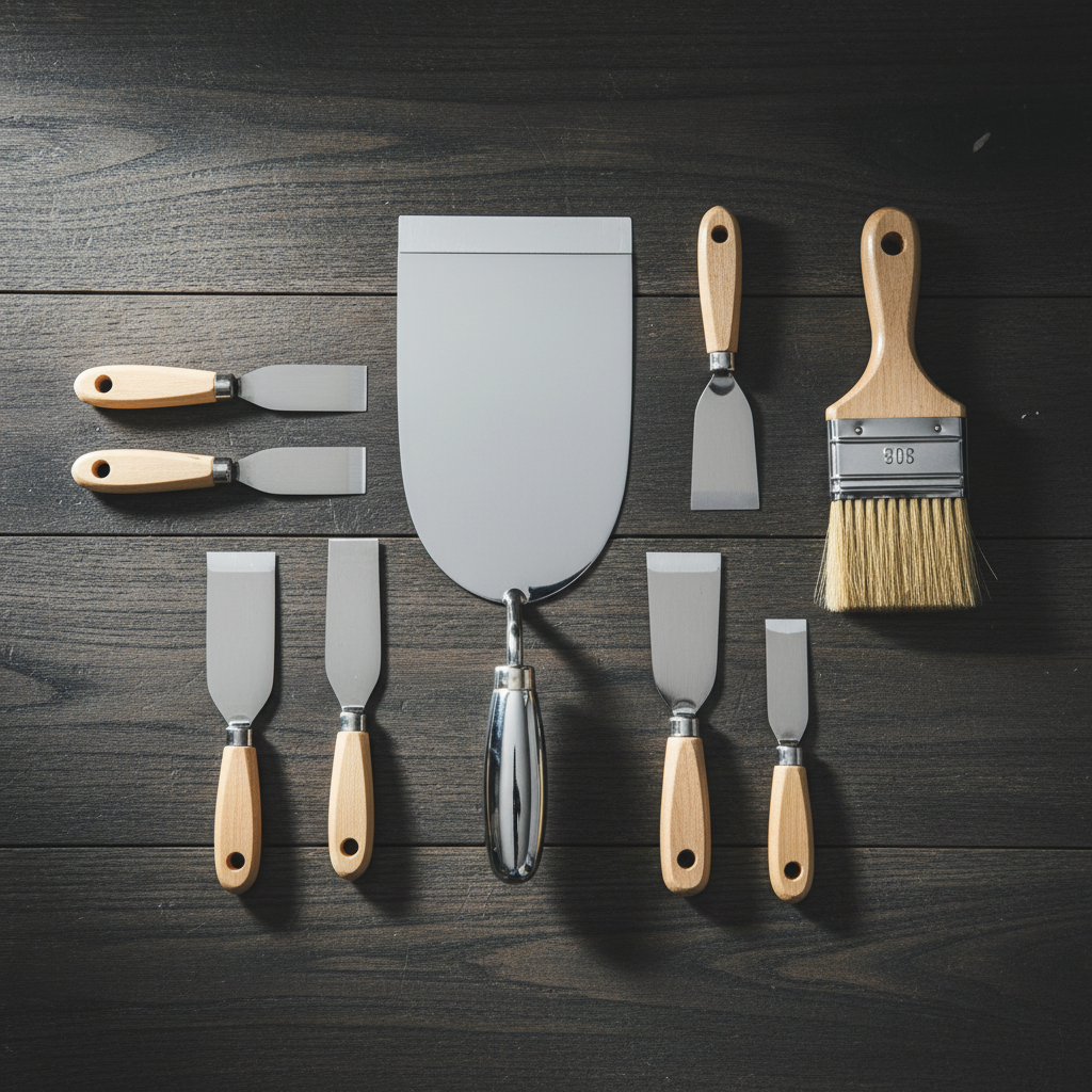Stylowe, artystyczne ujęcie typu flat lay na ciemnym, drewnianym tle. Na zdjęciu leżą czyste, profesjonalne narzędzia do tynkowania: błyszcząca paca wenecka, paca stalowa, kilka szpachetek różnej wielkości i pędzel. Kompozycja jest uporządkowana i estetyczna, sugerując profesjonalizm i dbałość o detale.