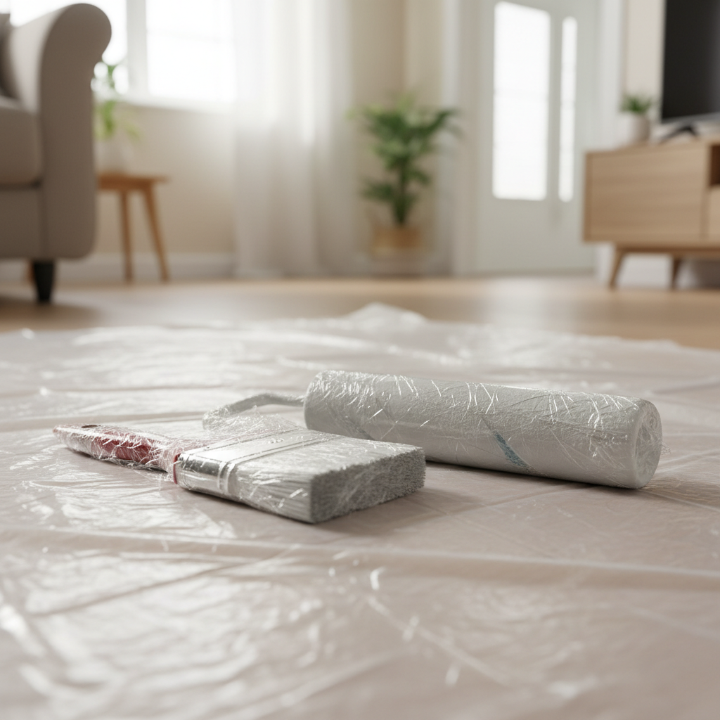 Pędzel malarski i wałek, wciąż pokryte świeżą, jasnoszarą farbą, są szczelnie owinięte przezroczystą folią spożywczą. Leżą na tle zabezpieczonej folią malarską podłogi, gotowe do użycia następnego dnia. Zdjęcie ma ciepły, domowy charakter.