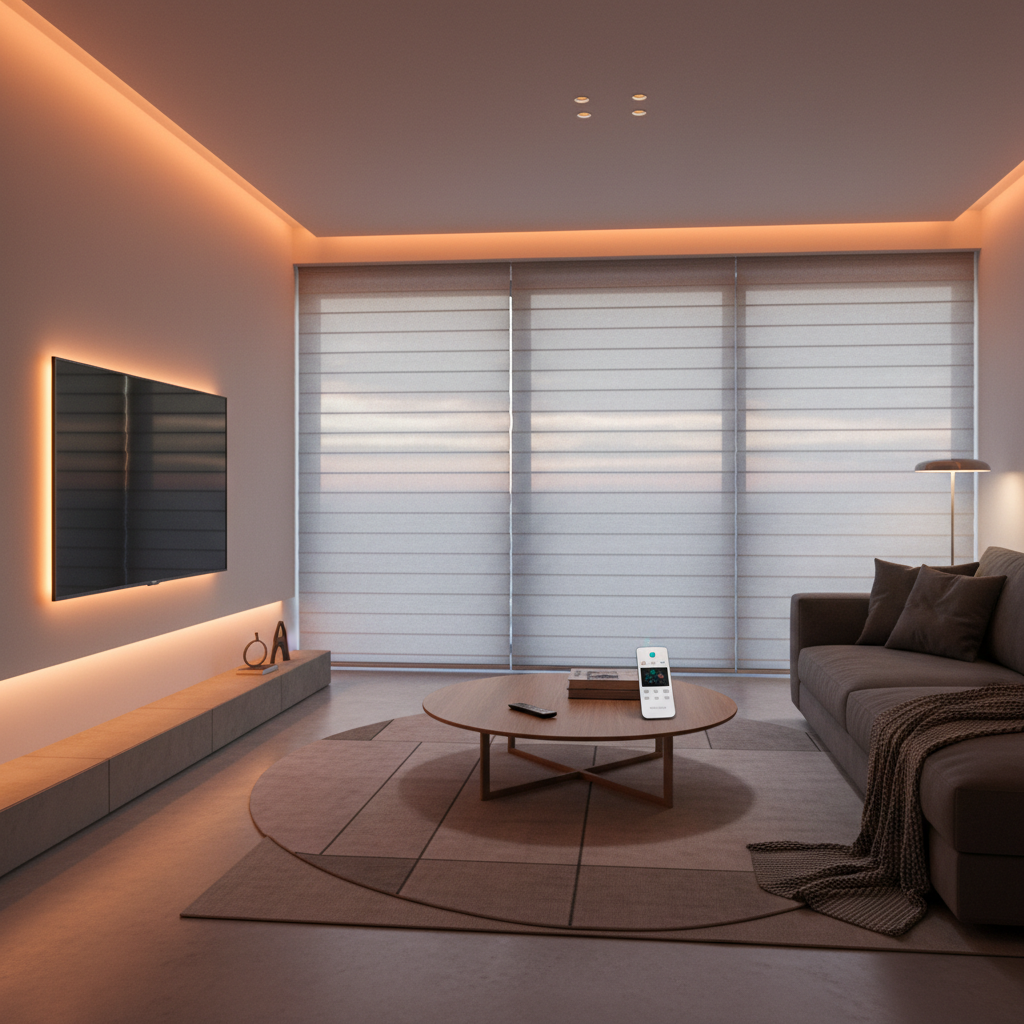 Nastrojowe ujęcie salonu o zmierzchu. Inteligentne oświetlenie LED tworzy ciepłą, relaksującą atmosferę, a automatyczne rolety powoli opuszczają się w oknach. Na stoliku kawowym leży pilot do sterowania scenariuszami. Scena emanuje komfortem i nowoczesnością.