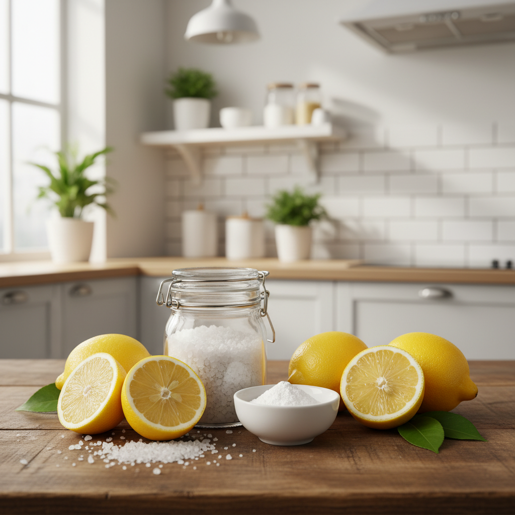 Estetyczna kompozycja na drewnianym stole: szklany słoik z solą morską, biała miseczka z sodą oczyszczoną i kilka świeżych, żółtych cytryn, niektóre przekrojone na pół. W tle widać fragment czystej, jasnej kuchni z zielonymi roślinami. Ciepłe, naturalne światło.