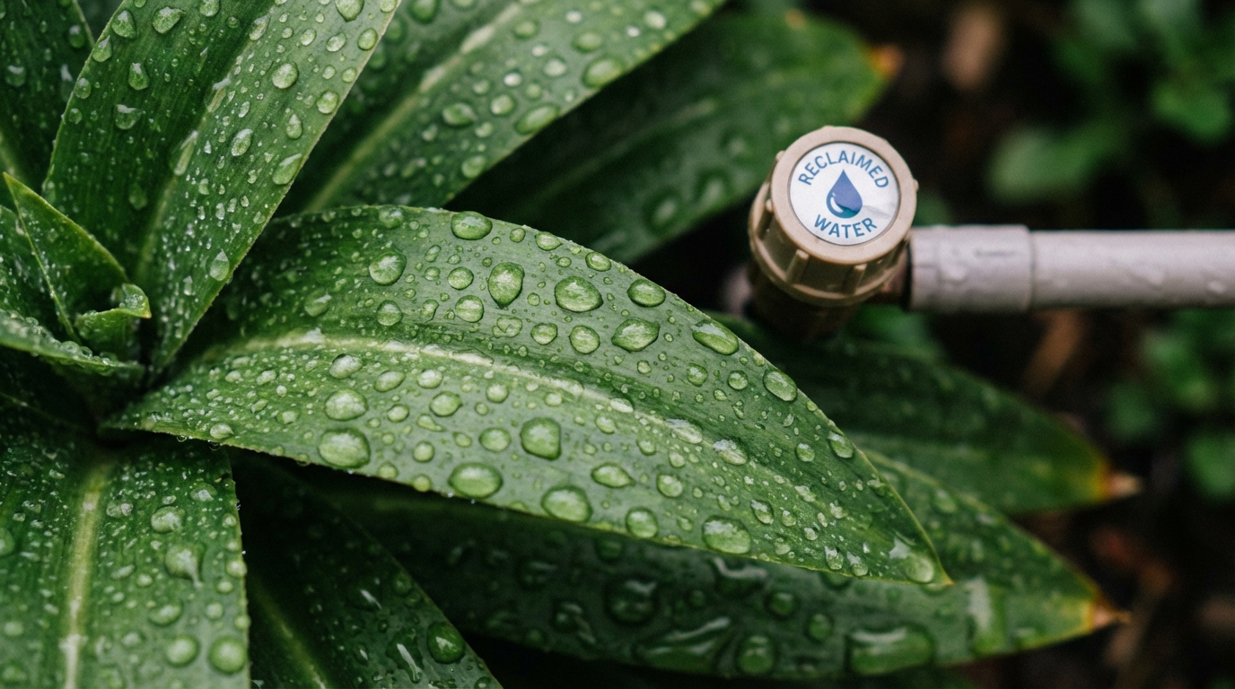 Zbliżenie na krople czystej wody zraszające zielone liście roślin ozdobnych w ogrodzie; woda pochodzi z systemu odzysku przydomowej oczyszczalni, co symbolizuje ekologiczne wykorzystanie zasobów.