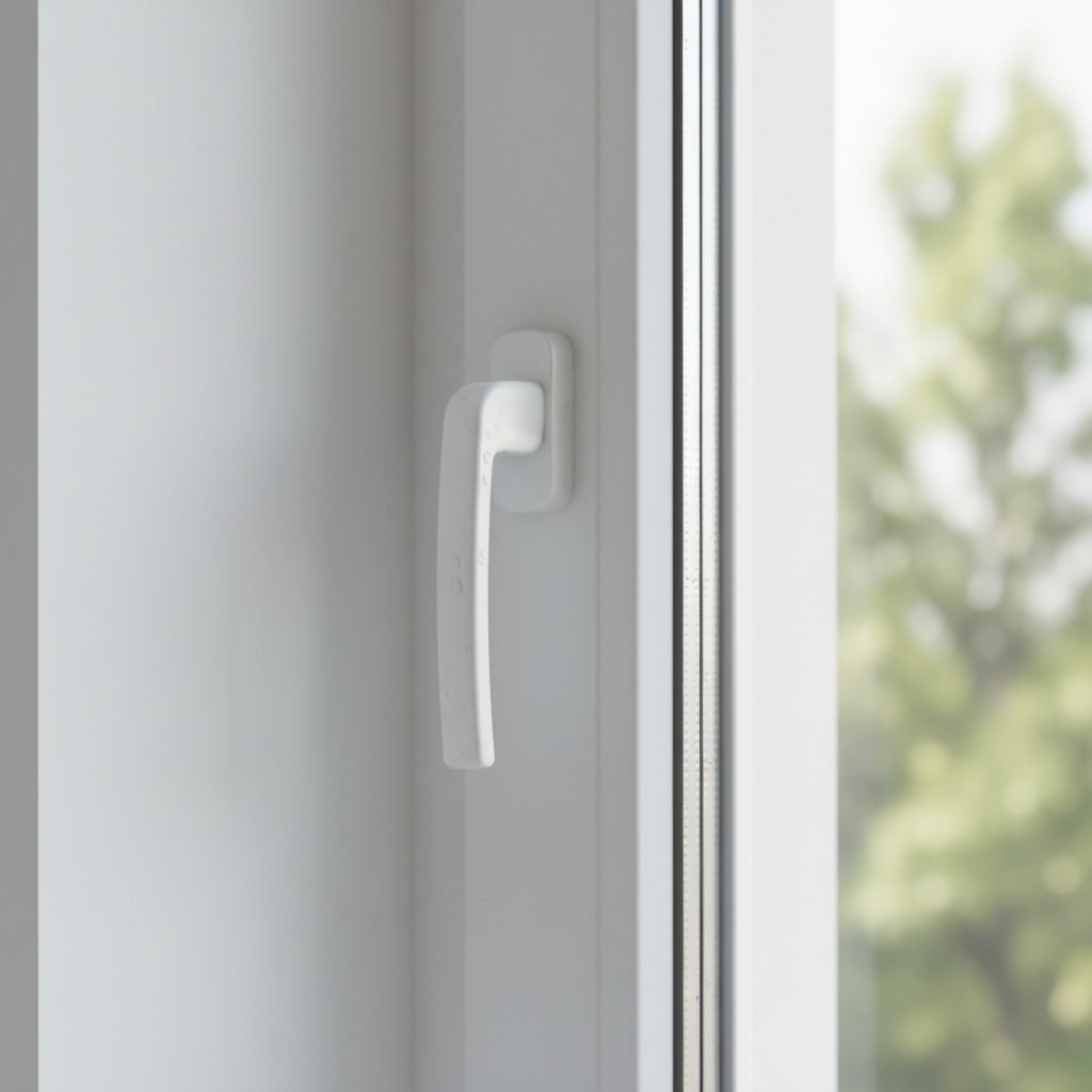 Zbliżenie na górną ramę białego, nowoczesnego okna, na której zamontowany jest estetyczny, biały nawiewnik okienny. Światło dzienne subtelnie oświetla detal, podkreślając czystość i prostotę rozwiązania. Tło jest lekko rozmyte, widoczna jest część jasnej ściany.