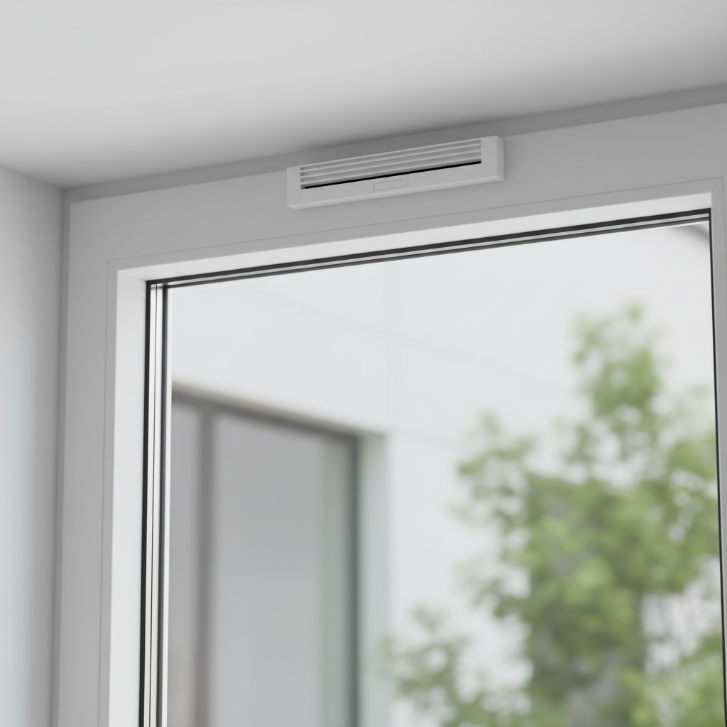 Elegancki, minimalistyczny nawiewnik okienny w kolorze białym, zamontowany na górnej ramie nowoczesnego okna. Detal pokazuje czystą linię produktu i jego dyskretną integrację ze stolarką.