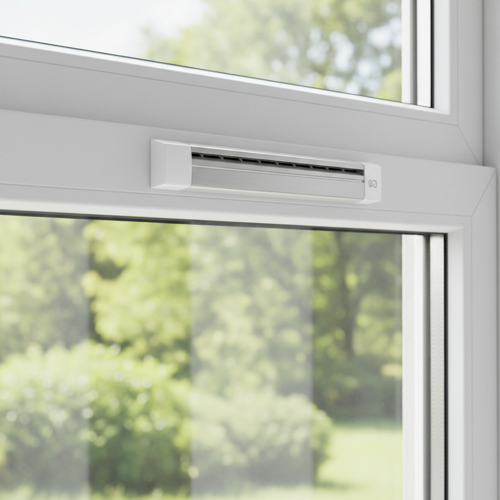 Zbliżenie na elegancki, nowoczesny nawiewnik okienny zamontowany na białej ramie okna. W tle widać delikatnie rozmyte zielone liście drzew za oknem, co sugeruje świeże powietrze wpadające do wnętrza.