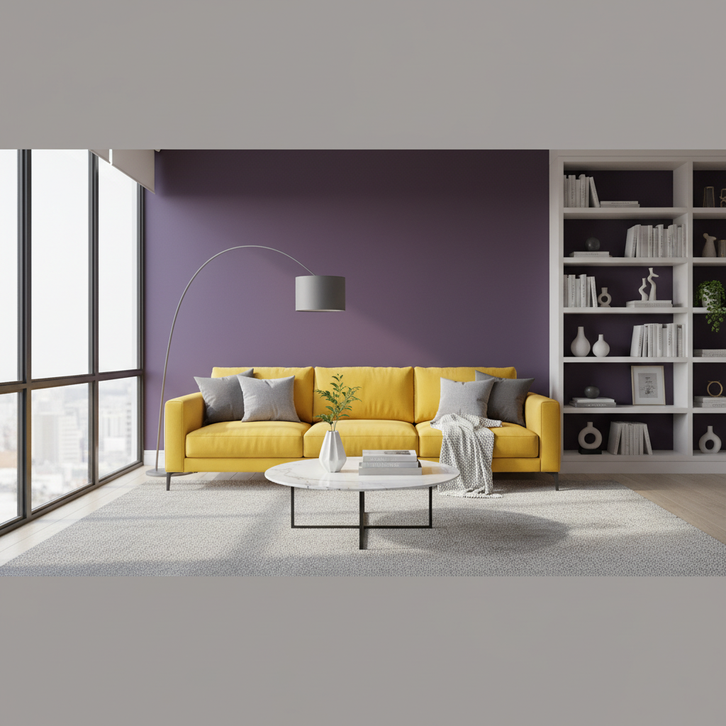 Dynamiczne i nowoczesne wnętrze salonu, w którym ściana akcentująca w kolorze głębokiego fioletu stanowi tło dla stylowej, jasnożółtej sofy. Światło wpadające przez duże okno podkreśla intensywność barw, a neutralne dodatki w odcieniach szarości i bieli równoważą całą kompozycję. Wnętrze jest eleganckie, pełne energii i odzwierciedla ducha kolorystycznej rewolucji.