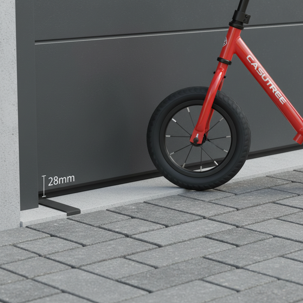 Zbliżenie wykonane z niskiego kąta na próg drzwi przejściowych w bramie garażowej. Widać fragment eleganckiej, grafitowej bramy oraz nowoczesną kostkę brukową podjazdu. Przez próg bez najmniejszego problemu przejeżdża przednie koło dziecięcego rowerka biegowego. Ujęcie podkreśla minimalną wysokość progu (28 mm) i łatwość jego pokonywania, symbolizując bezpieczeństwo dla całej rodziny.