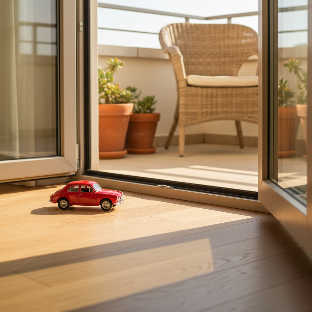 Ujęcie z perspektywy podłogi, pokazujące niemal płaski, niski próg drzwi balkonowych. Obok progu na jasnej, drewnianej podłodze stoi mały, czerwony samochodzik-zabawka, podkreślając brak bariery. Przez otwarte drzwi widać fragment słonecznego tarasu. Zdjęcie jest ciepłe i przytulne, skupione na detalu.